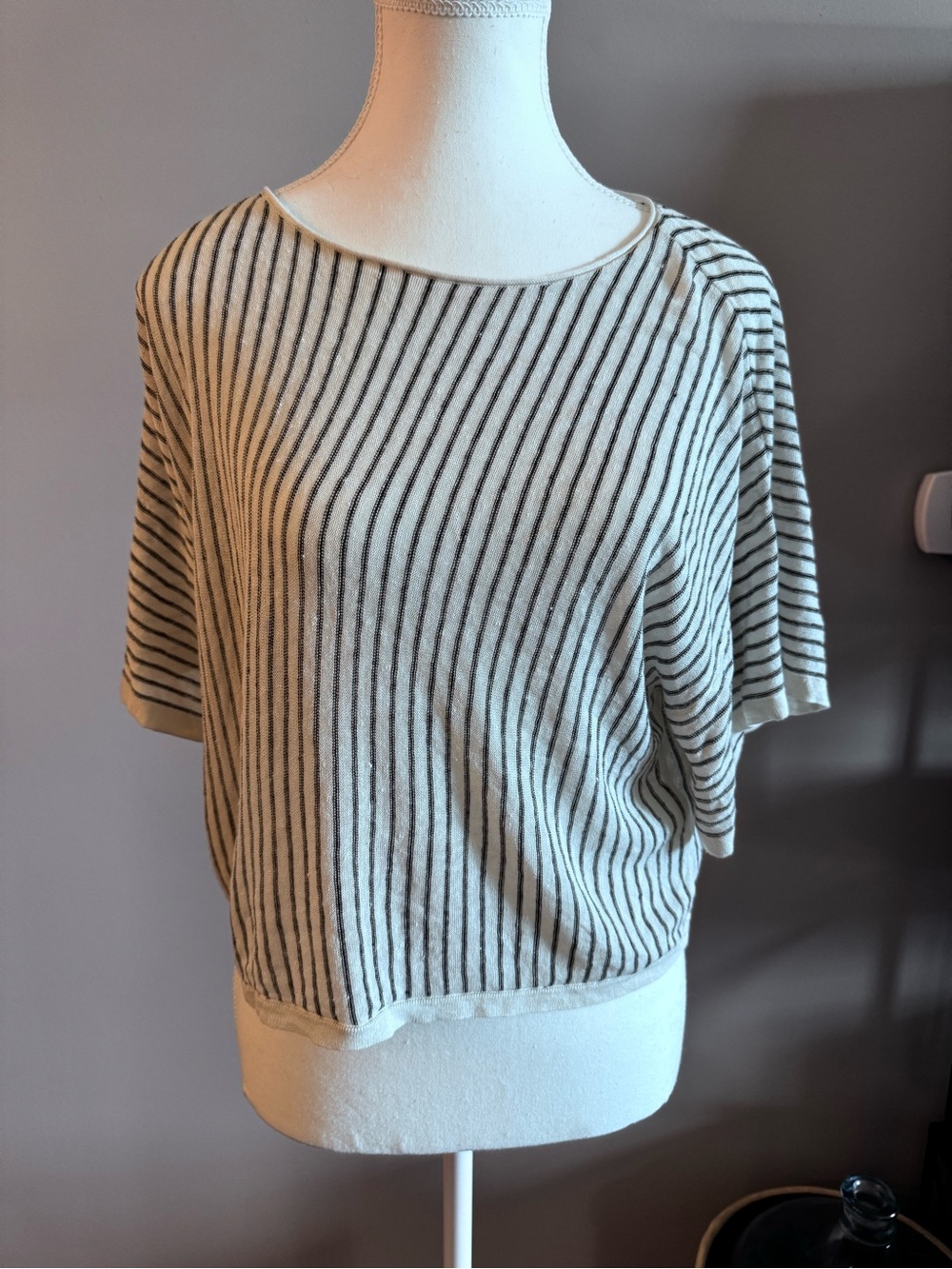 Eileen Fisher Cream and Black Striped Short-Sleeve Knit Top